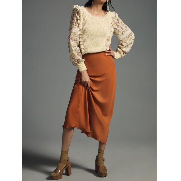 By Anthropologie Floral Printed-Sleeve Ruffle Sweater Cream - Large - Picture 12 of 12